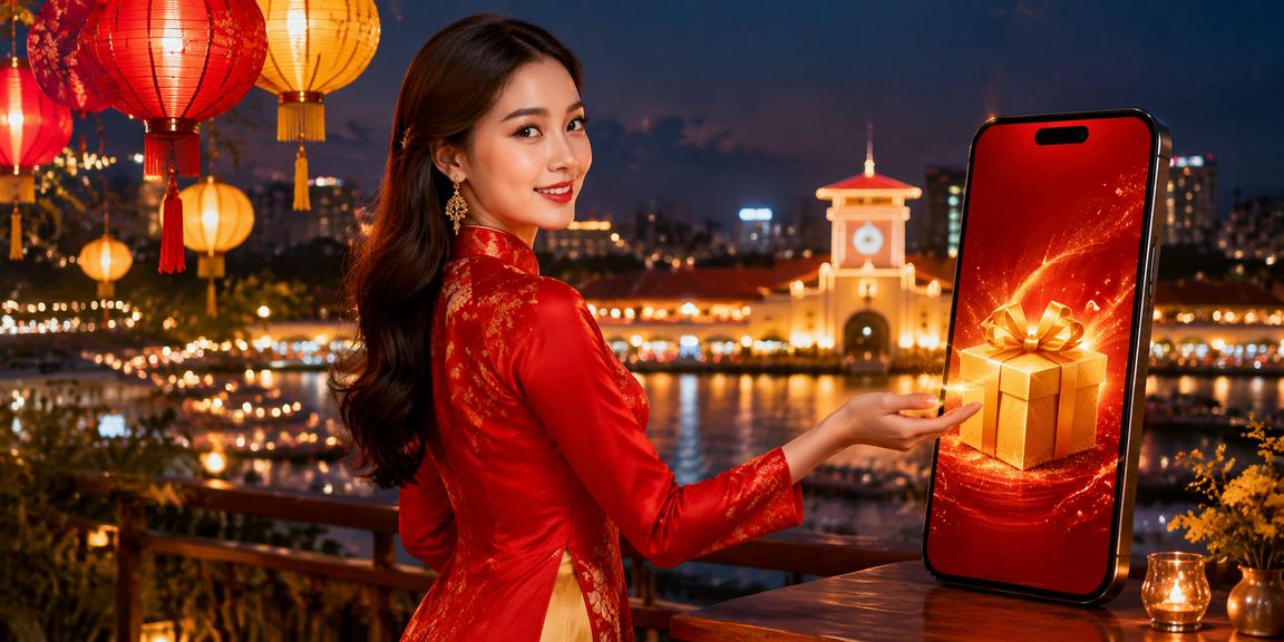 Người phụ nữ áo dài tại TP.HCM đang nhận thưởng đăng ký trên điện thoại