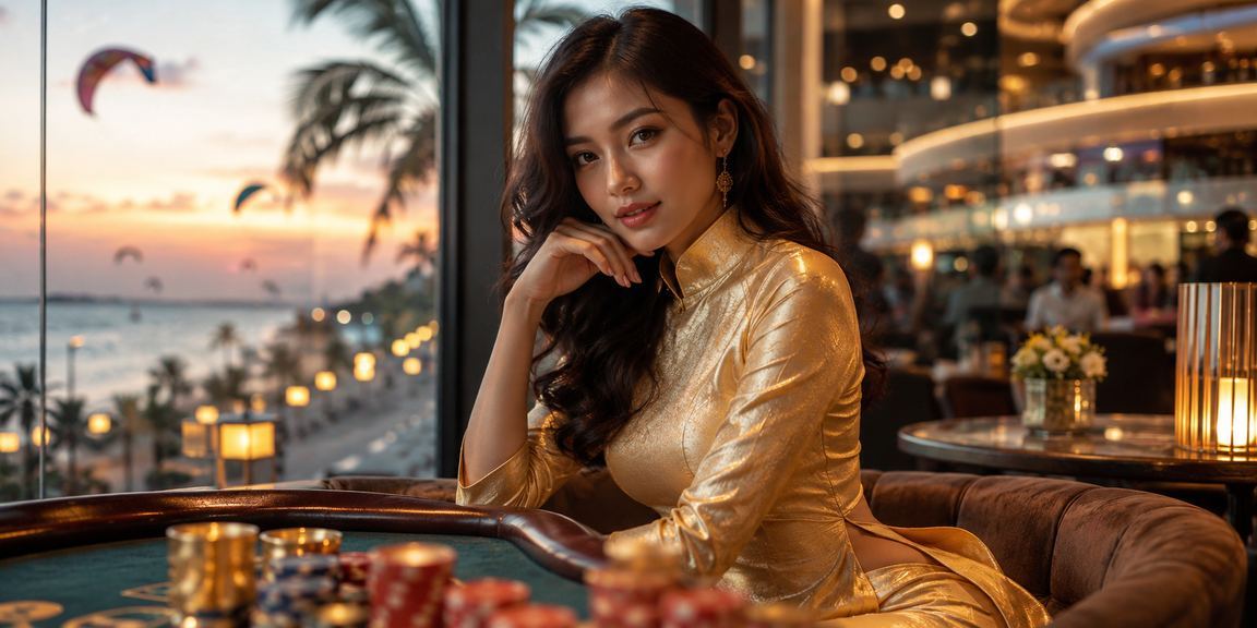 Người phụ nữ áo dài tại Mũi Né tham gia trò chơi giải trí trực tuyến buổi tối